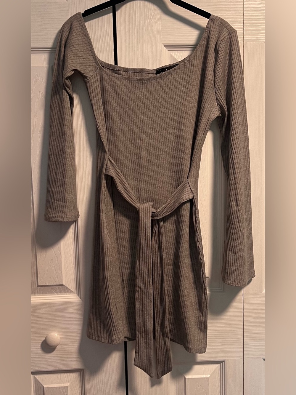 Lulu's Heather Gray Ribbed Off-the-Shoulder Mini Dress